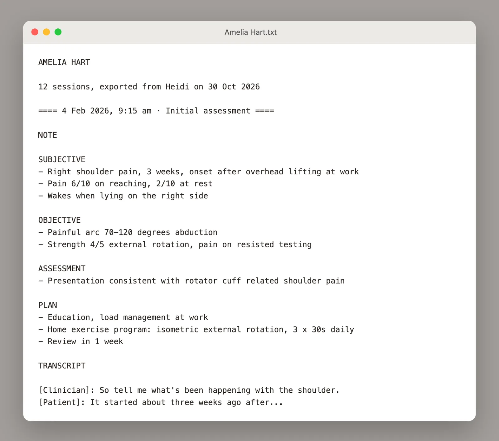 An exported Heidi patient file opened in a text editor (fictional patient)