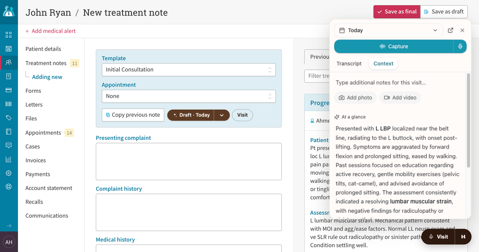 A Cliniko new treatment note page with a Hanah draft pill beside Cliniko's own template pickers, and the Hanah panel open on the right showing a Capture button and the visit's context.