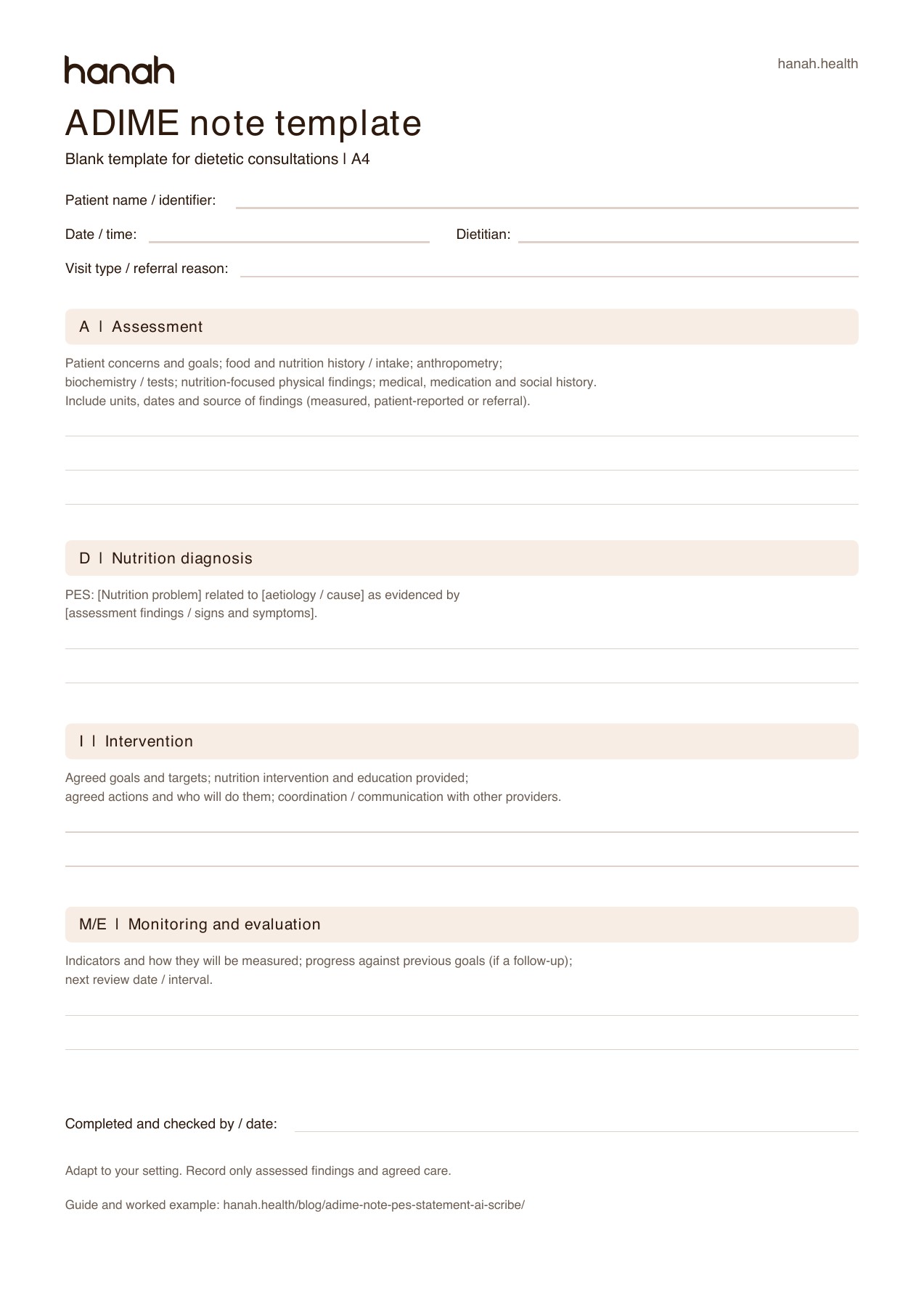Preview of Hanah's one-page ADIME note template, with blank Assessment, Nutrition diagnosis, Intervention, and Monitoring and evaluation sections.