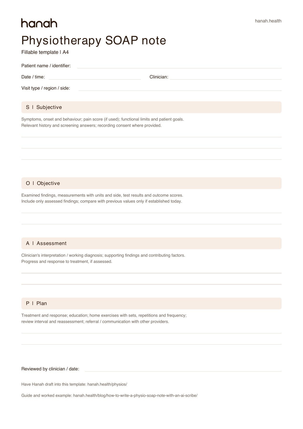 Preview of Hanah's one-page physiotherapy SOAP note template, with fillable patient details and Subjective, Objective, Assessment and Plan sections.